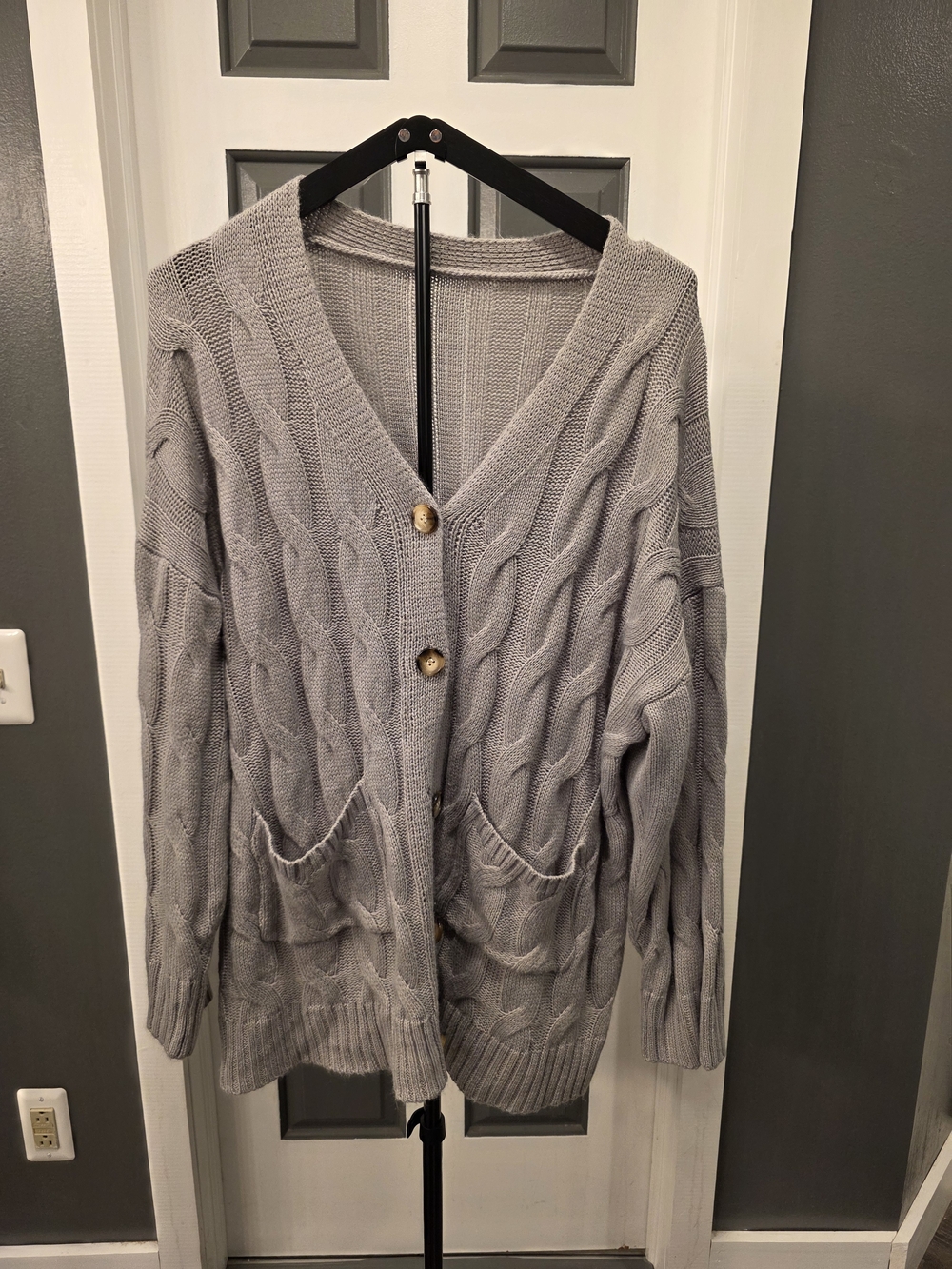 SHEIN Light Gray Cable Knit Button-Up Cardigan
